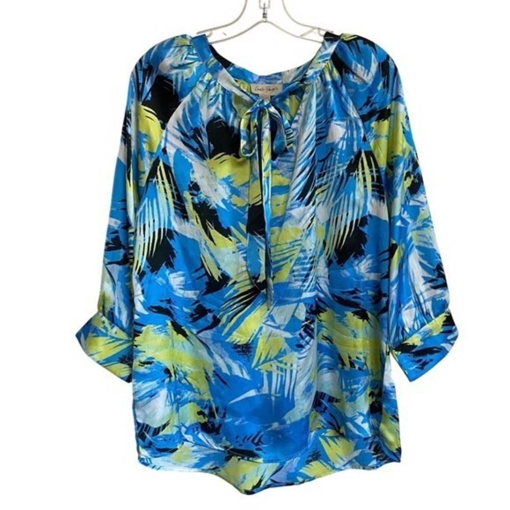 Charlie Paige Abstract-print tie-neck blouse Blue & Yellow‎ 3/4 sleeves L NWOT